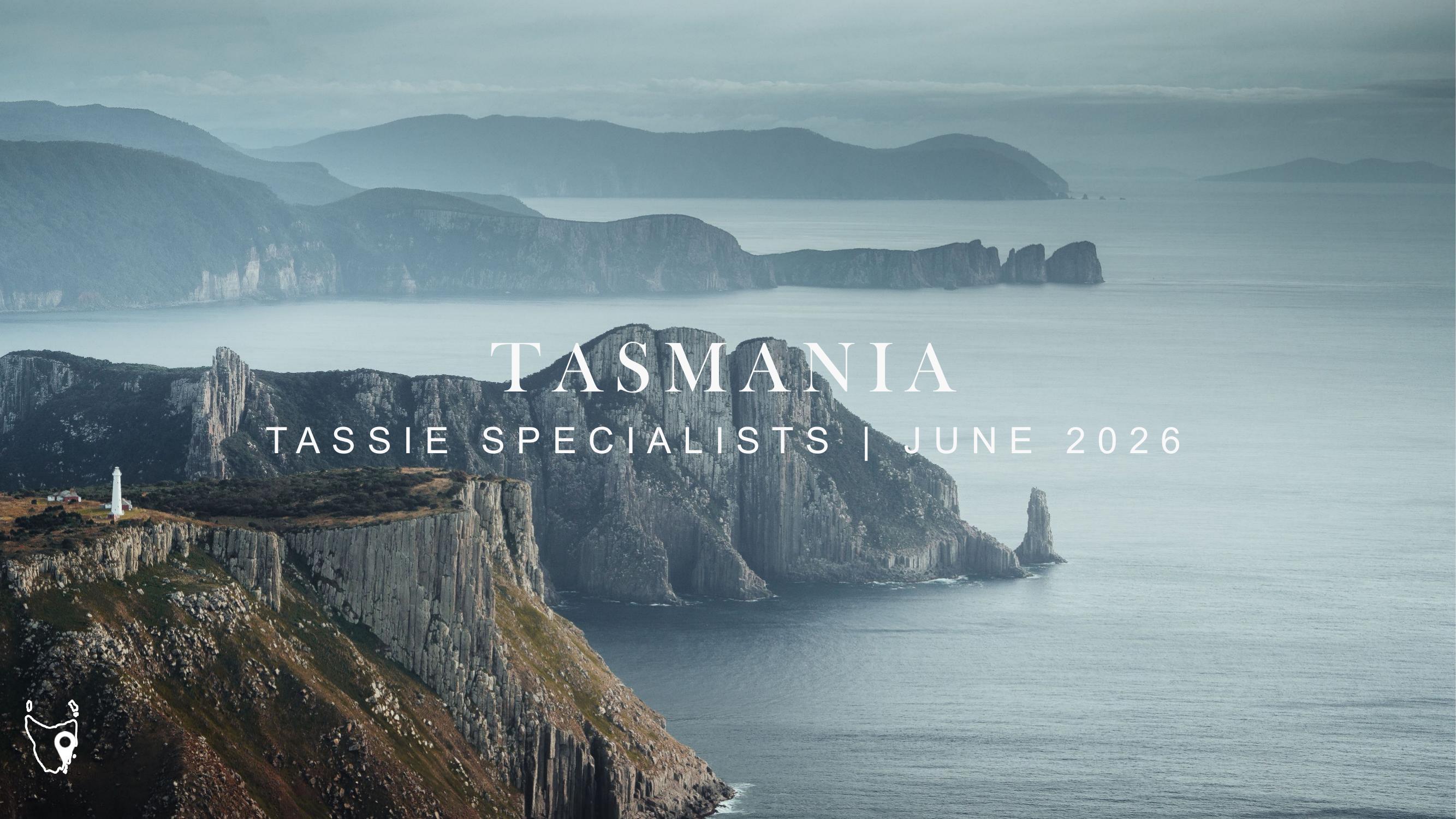 Tassie Specialists webinar title slide, June 2026, over misty sea cliffs and a lighthouse