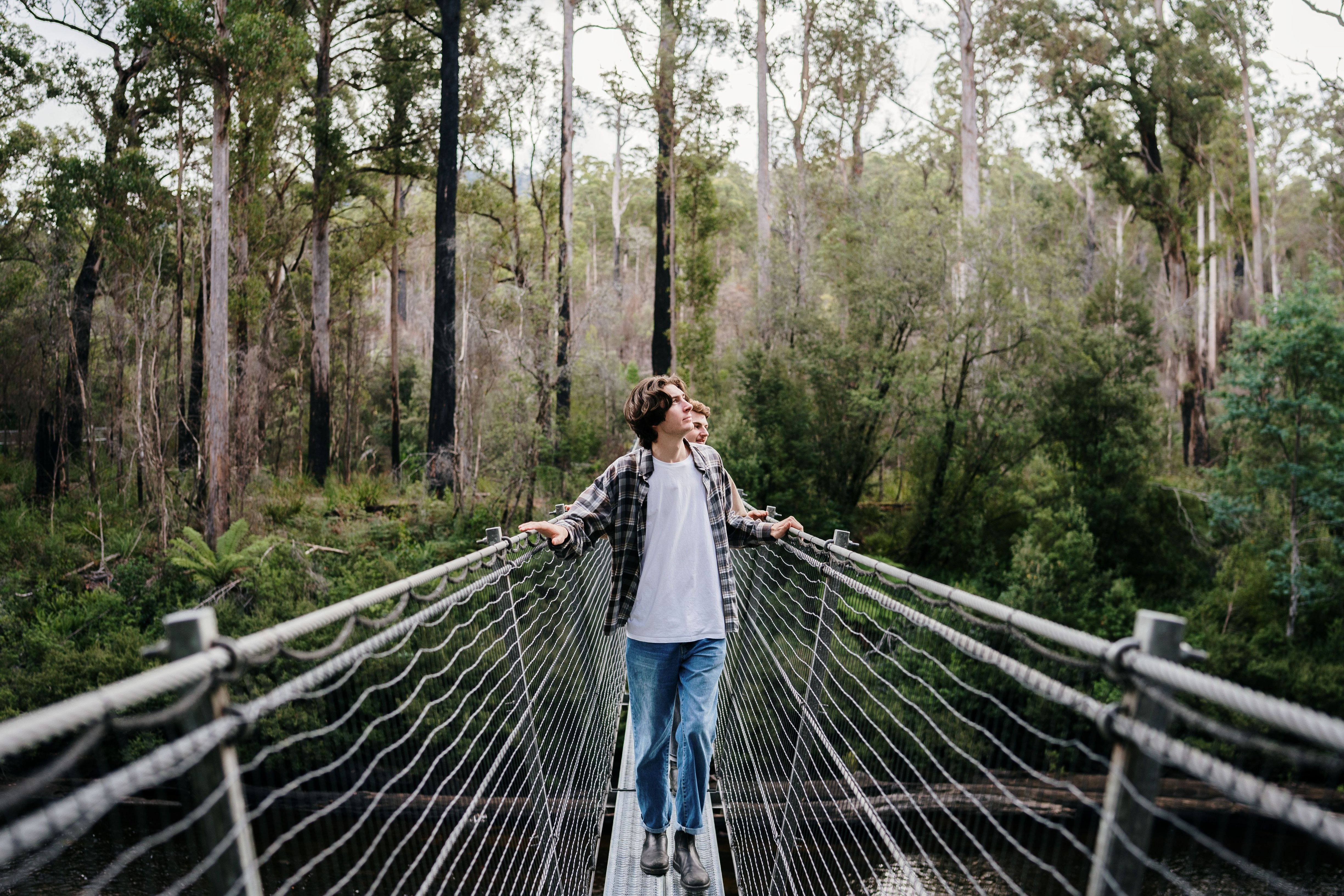Person standing on a suspension bridge through tall forest at Tahune Adventures, Geeveston